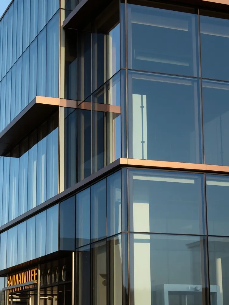 A minimalist architectural photograph of a modern glass buil