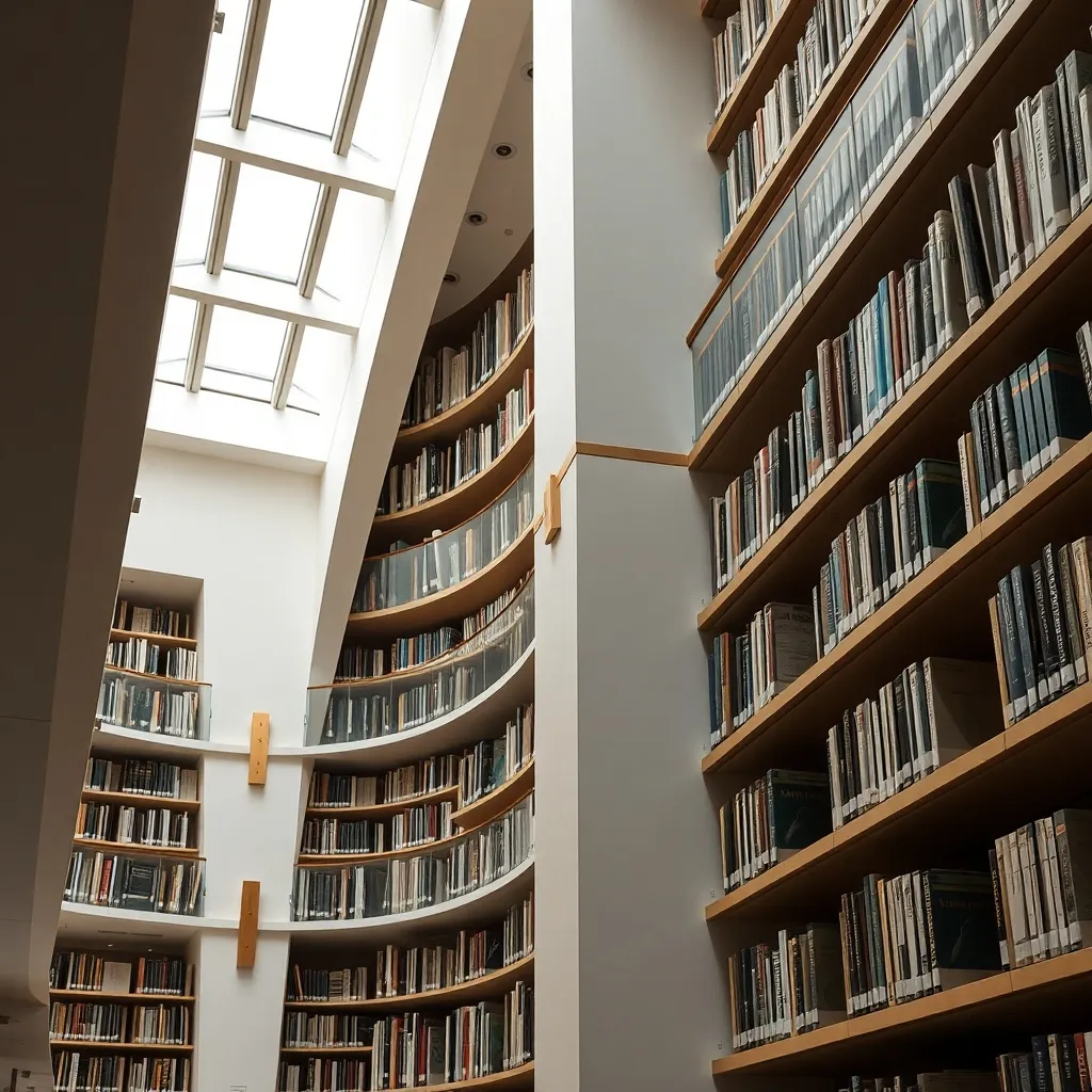 Architectural close-up of a modern library or archive with c